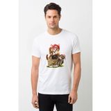 Qivi Kedicik ve Baykuş Fotoğrafm Makinesi Camera Baskılı Beyaz Erkek Örme Tshirt - XL