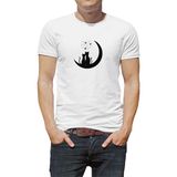Qivi Kediler Aşk Ay Yıldızlar Baskılı Beyaz Erkek T-shirt
