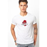 Qivi Kırmızı Şapka ile Köpek Yay ve Baskılı Beyaz Erkek Örme Tshirt - XS