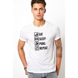 Qivi Pubg Eat Sleep Pubg Repeat Baskılı Beyaz Erkek T-shirt