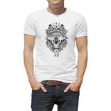 Qivi Siyah Kurt Illüstrasyon Gri Kurt Tişört Baskılı Beyaz Erkek Örme Tshirt - XS