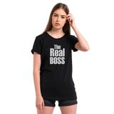 Qivi The Real Boss Baskılı Siyah Örme Kadın T-shirt