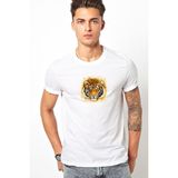 Qivi Turuncu Kaplan Yüz Çizimi Bengal Kaplanı Baskılı Beyaz Erkek Örme T-shirt