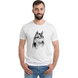 Qivi Wolf Kurt Sibirya Köpek Karakalem Çizim Baskılı Beyaz Erkek Örme T-shirt