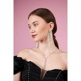 QL ACCESSORY Gümüş Rengi 4 Sıralı Beyaz Kristal Cam Taşlı Uzun Sallantılı Küpe