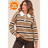 qlis Yeni Sezon Oversize Polo Yaka Düğmeli Çizgili Premium Kalite Standart Beden Kadın Triko Kazak - Bej - Kahverengi