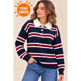 qlis Yeni Sezon Oversize Polo Yaka Düğmeli Çizgili Premium Kalite Standart Beden Kadın Triko Kazak - Lacivert - Bordo