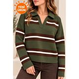 qlis Yeni Sezon Oversize Premium Kalite Polo Yaka Çizgili Standart Beden Kadın Triko Kazak - Haki - Kahverengi - Beyaz