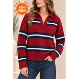 qlis Yeni Sezon Oversize Premium Kalite Polo Yaka Çizgili Standart Beden Kadın Triko Kazak - Kırmızı - Lacivert - Beyaz