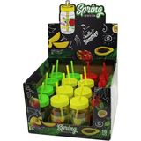 Qlux Ideas Qlux C-00162 Spring Kavanoz Bardak 380CC Pipet Pipetli Cam Meyve Desenli Renkli Plastik Kapak - 20'li Paket - Şeffaf