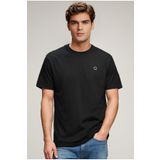 QMARI Erkek Siyah Relaxed Fit Basic Tişört Bisiklet Yaka | Düz Pamuklu Tshirt | Beyaz Nakışlı Q Logo