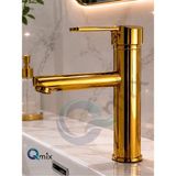 Qmix Lüks Parlak Gold Sabit Mix Aç Kapa Kısa Banyo Lavabo Bataryası – Komple Pirinç, Dayanıklı, Modern Tasarım - Gold - Altın