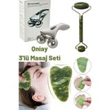 Qniay 3lü Masaj Seti Yeşil Yeşim Taşı|3d Masaj Aleti|gua Sha Kaz Ayağı Cilt Masaj Bakım