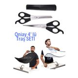 QNİAY 4 Parça Kuaför Seti Metal Saç Kesme Makası Inceltme Ara Makası Tarak Berber Önlüğü