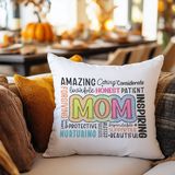 Qoeuyl Boutique Amazing Mom Baskılı Anneler Günü Hediyelik Elyaf Dolgulu Saten Dekoratif Yastık - 28 x 28 cm - Beyaz