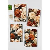 Qoeuyl Boutique Bej Güller No:2 Tasarım Tel Spiralli 4'lü Hatıra, Günlük, Ajanda, Anı, Okul Defter Seti - 001-Renkli - A4 - Çizgili