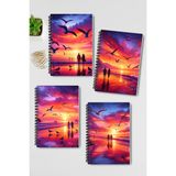 Qoeuyl Boutique Deniz Günbatımı Sunset Tasarım Tel Spiralli 4'lü Hatıra, Günlük, Ajanda, Anı, Okul Defter Seti - 001-Renkli - Çizgisiz - A5