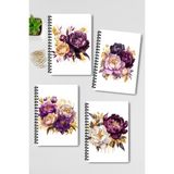 Qoeuyl Boutique Doğa Temalı Renli Çiçekler Tasarım Tel Spiralli 4'lü Hatıra, Günlük, Ajanda, Anı, Okul Defter Seti - 001-Renkli - A5 - Kareli