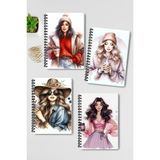 Qoeuyl Boutique Dört Mevsim Temalı Coffee Girl Tasarım Tel Spiralli 4'lü Günlük, Ajanda, Anı, Okul Defter Seti - 001-Renkli - Çizgisiz - A4