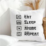Qoeuyl Boutique Eat Sleep Anime Repeat Anime Baskılı Elyaf Dolgulu Hediyelik Yastık - 28 x 28 cm - Beyaz