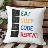 Qoeuyl Boutique Eat Sleep Code Repeat Yazılımcı Baskılı Elyaf Dolgulu Hediyelik Yastık - 28 x 28 cm - Çok Renkli