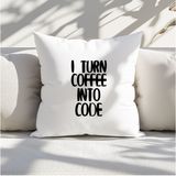 Qoeuyl Boutique I Turn Coffee Into Code Yazılımcı Baskılı Elyaf Dolgulu Hediyelik Yastık - 28 x 28 cm - Beyaz