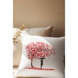 Qoeuyl Boutique Kalp Yapraklı Hayat Ağacı ve Kuş Baskılı Romantik Hediyelik Elyaf Dolgulu Saten Dekoratif Yastık - 28 x 28 cm - Çok Renkli