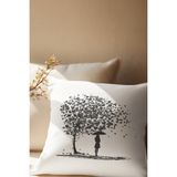 Qoeuyl Boutique Kalp Yapraklı Hayat Ağacı ve Kuş Baskılı Romantik Hediyelik Elyaf Dolgulu Saten Dekoratif Yastık - 28 x 28 cm - Kırık Beyaz