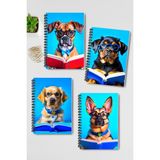 Qoeuyl Boutique Kitap Okuyan Sevimli Köpekler Tasarım Tel Spiralli 4'lü Hatıra, Günlük, Ajanda, Okul Defter Seti - 001-Renkli - A4 - Çizgili