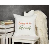 Qoeuyl Boutique Living Is So Great Baskılı Motivasyon Hediyelik Elyaf Dolgulu Dekoratif Yastık - 39 x 39 cm - Beyaz