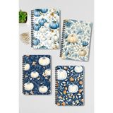 Qoeuyl Boutique Mavi Sonabahar Temalı Tasarım Tel Spiralli 4'lü Hatıra, Günlük, Ajanda, Anı, Okul Defter Seti - 001-Renkli - Çizgisiz - A4