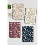 Qoeuyl Boutique Mini Çiçekler Tasarım Tel Spiralli 4'lü Hatıra, Günlük, Ajanda, Anı, Okul Defter Seti - 001-Renkli - Çizgisiz - A4