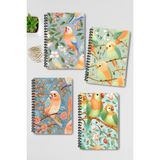 Qoeuyl Boutique Minik Kuşlar No:2 Tasarım Tel Spiralli 4'lü Hatıra, Günlük, Ajanda, Anı, Okul Defter Seti - 001-Renkli - Çizgisiz - A4