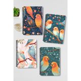 Qoeuyl Boutique Minik Kuşlar No:3 Tasarım Tel Spiralli 4'lü Hatıra, Günlük, Ajanda, Anı, Okul Defter Seti - 001-Renkli - Çizgisiz - A5