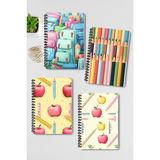 Qoeuyl Boutique Okula Dönüş Tasarım Tel Spiralli 4'lü Hatıra, Günlük, Ajanda, Anı, Okul Defter Seti - 001-Renkli - A4 - Çizgili