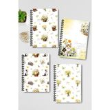 Qoeuyl Boutique Papatya ve Kır Çiçekleri Tasarım Tel Spiralli 4'lü Hatıra, Günlük, Ajanda, Anı, Okul Defter Seti - 001-Renkli - A4 - Kareli