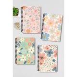 Qoeuyl Boutique Pastel Renk Çiçekler Tasarım Tel Spiralli 4'lü Hatıra, Günlük, Ajanda, Anı, Okul Defter Seti - 001-Renkli - Çizgisiz - A4