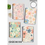 qoeuyl boutique Pastel Renk Çiçekler Tasarım Tel Spiralli A5 Çizgili 4'lü Hatıra, Anı, Okul Defter Seti