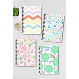Qoeuyl Boutique Pastel Retro Temalı Tasarım Tel Spiralli 4'lü Hatıra, Günlük, Ajanda, Anı, Okul Defter Seti - 001-Renkli - Çizgisiz - A4