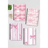 Qoeuyl Boutique Pembe Fiyonklar Tasarım Tel Spiralli 4'lü Hatıra, Günlük, Ajanda, Anı, Okul Defter Seti - 001-Renkli - A4 - Kareli