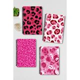 Qoeuyl Boutique Pembe Leopar Desenli Tasarım Tel Spiralli 4'lü Hatıra, Günlük, Ajanda, Anı, Okul Defter Seti - 001-Renkli - Çizgisiz - A4