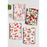 Qoeuyl Boutique Pembe Vişne Temalı Tasarım Tel Spiralli 4'lü Hatıra, Günlük, Ajanda, Anı, Okul Defter Seti - 001-Renkli - A4 - Kareli