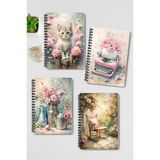 Qoeuyl Boutique Pink Dreams Nostaljik Tasarım Tel Spiralli 4'lü Hatıra, Günlük, Ajanda, Anı, Okul Defter Seti - 001-Renkli - A5 - Çizgili