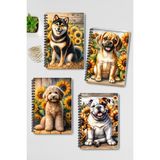 Qoeuyl Boutique Sevimli Cins Köpekler Tasarım Tel Spiralli 4'lü Hatıra, Günlük, Ajanda, Anı, Okul Defter Seti - 001-Renkli - A5 - Kareli