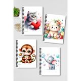 Qoeuyl Boutique Sevimli Hayvanlar No:1 Tasarım Tel Spiralli 4'lü Hatıra, Günlük, Ajanda, Anı, Okul Defter Seti - 001-Renkli - A4 - Kareli