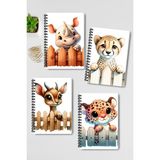 Qoeuyl Boutique Sevimli Hayvanlar No:5 Tasarım Tel Spiralli 4'lü Hatıra, Günlük, Ajanda, Anı, Okul Defter Seti - 001-Renkli - Çizgisiz - A4