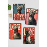 Qoeuyl Boutique Sevimli Kediler Love Tasarım Tel Spiralli 4'lü Hatıra, Günlük, Ajanda, Anı, Okul Defter Seti - 001-Renkli - A4 - Çizgili