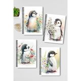 Qoeuyl Boutique Sevimli Penguen Tasarım Tel Spiralli 4'lü Hatıra, Günlük, Ajanda, Anı, Okul Defter Seti - 001-Renkli - Çizgisiz - A5