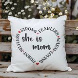 Qoeuyl Boutique She Is Strong Fearless Mom Baskılı Anneler Günü Hediyelik Elyaf Dolgulu Saten Dekoratif Yastık - 28 x 28 cm - Beyaz