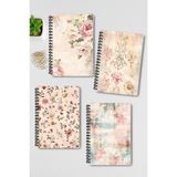 Qoeuyl Boutique Soft Renkli Retro Temalı Tasarım Tel Spiralli 4'lü Hatıra, Günlük, Ajanda, Anı, Okul Defter Seti - 001-Renkli - Çizgisiz - A5
